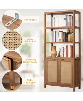 5-Tier Rattan Boho Bookcase with Doors for Home Storage