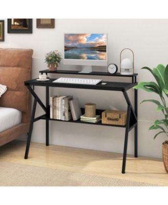 Computer Desk with Monitor Stand and Storage Shelf, Space Saving Desk for Work Study