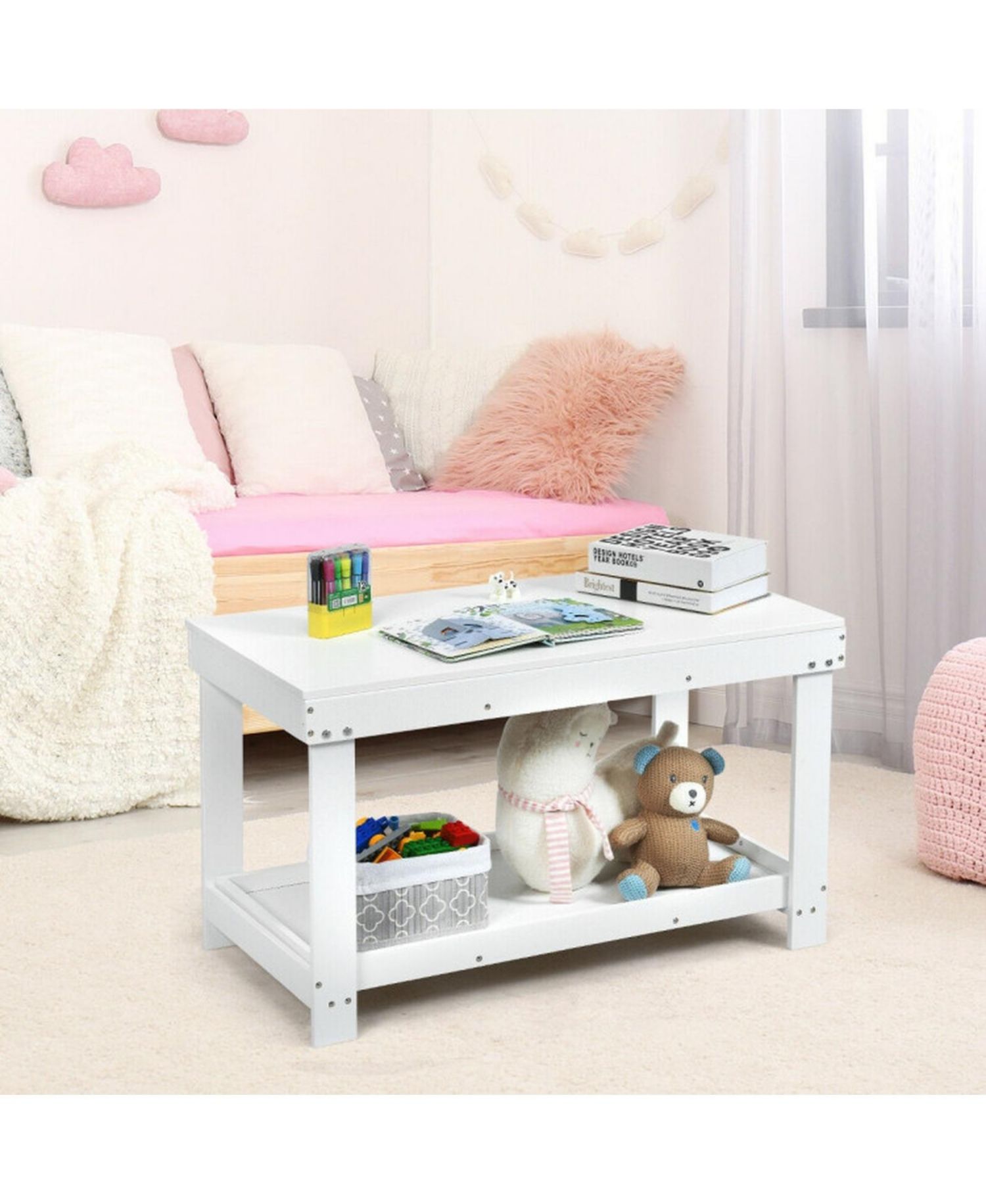Multifunctional Wood Kids Activity Play Table with Storage Shelf