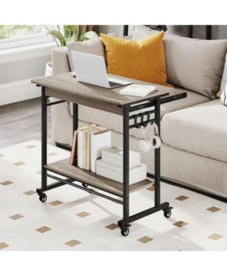 Rolling Computer Table with Pull-out Keyboard Tray and Storage Hooks