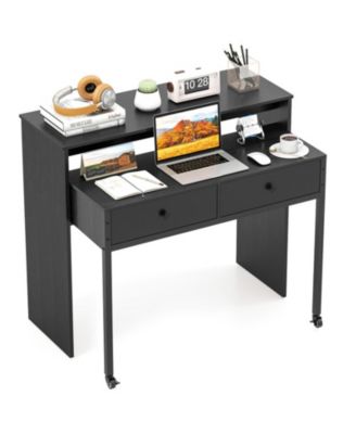 Extendable Convertible Computer Desk with 2 Drawers and Rolling Cart