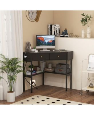 Triangle Corner Desk with Charging Station, 2 Drawers and Storage Shelf