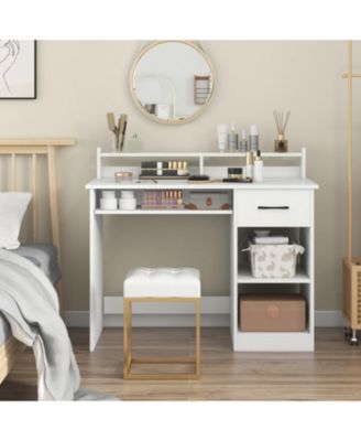 White Home Office Desk with Charging Station, Keyboard Tray and Adjustable Shelf