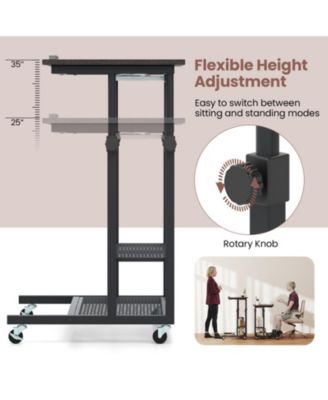 Mobile Height Adjustable Standing Table with Tilting Tabletop and Shelves