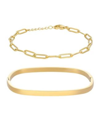 Tarnish Resistant Gold Rectangular Cuff and Paper Clip Chain Bracelet Set