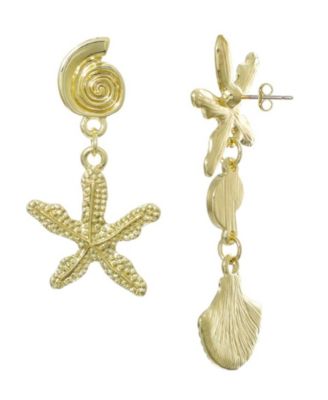 Gold Starfish and Shell Drop Earrings