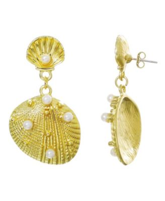 Gold Pearl-Studded Shell Drop Earrings