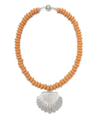 Silver Oversized Shell Charm on a Wood Beaded Magnetic Clasp Chain