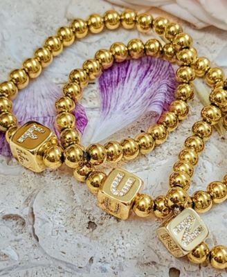 Cubic Zirconia Gold Set of 2 Initial Cube Bead Bracelet