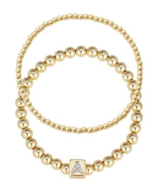 Cubic Zirconia Gold Set of 2 Initial Cube Bead Bracelet