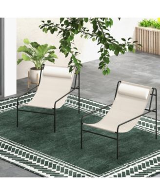 2 Pieces Patio Sling Chair Modern Accent Chair w/ Removable Headrest and Sturdy Metal Frame