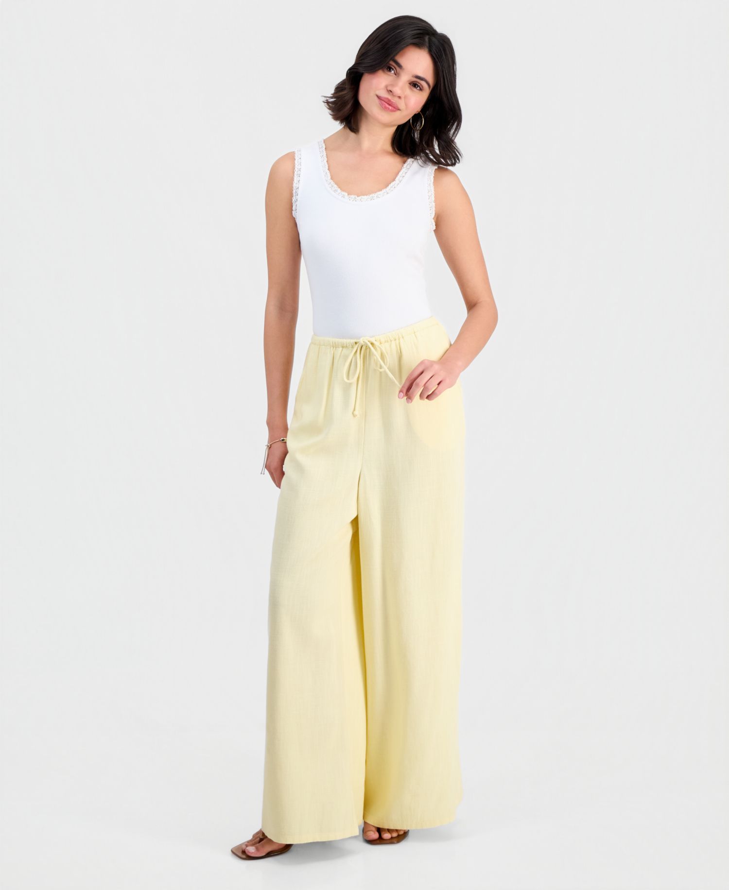 Petite Linen-Blend Wide Leg Drawstring Pant
