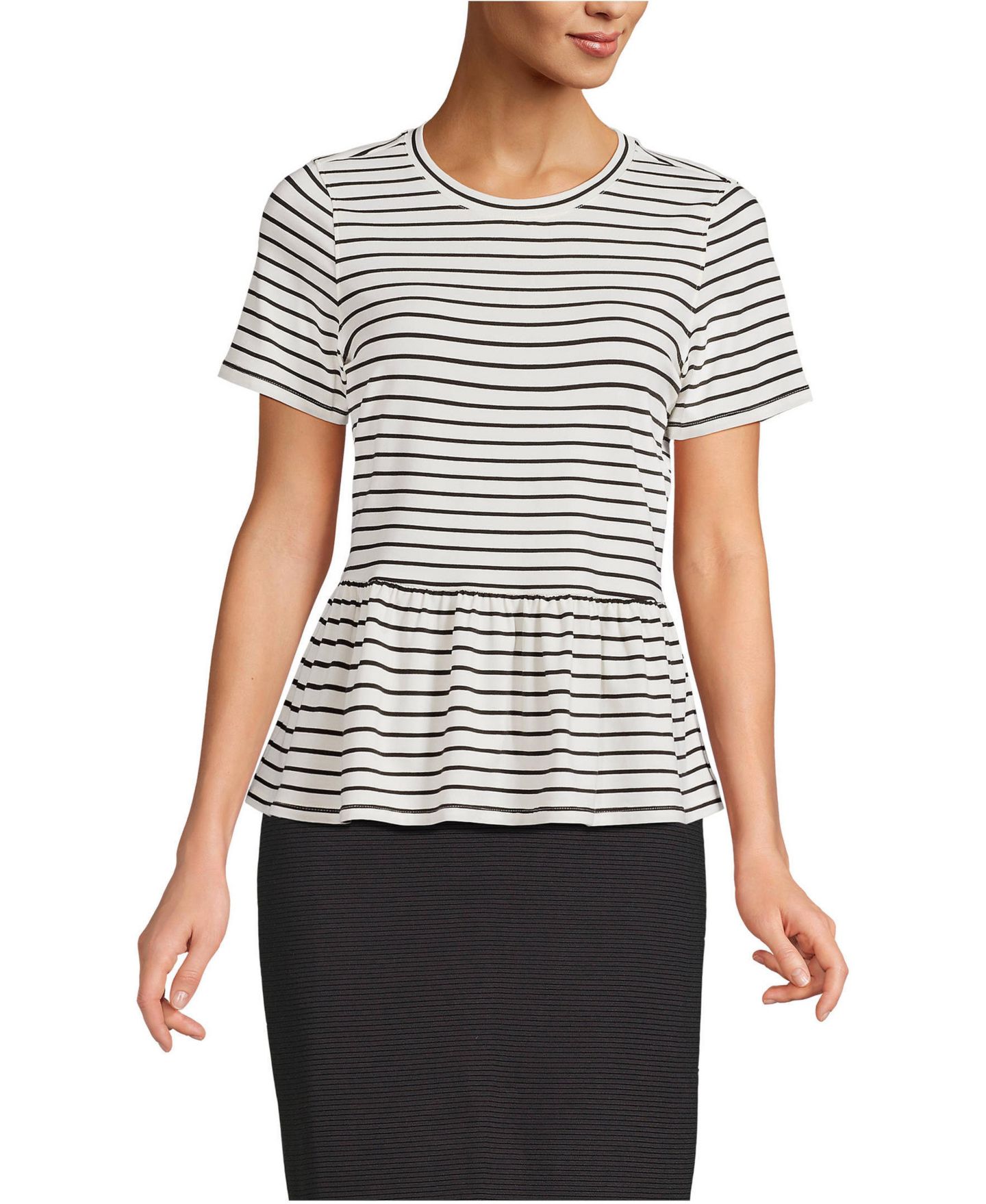 Женская футболка Lands' End Short Sleeve Lightweight Jersey Crew Neck Peplum, цвет: Слоновая кость / Чёрный — фото 1