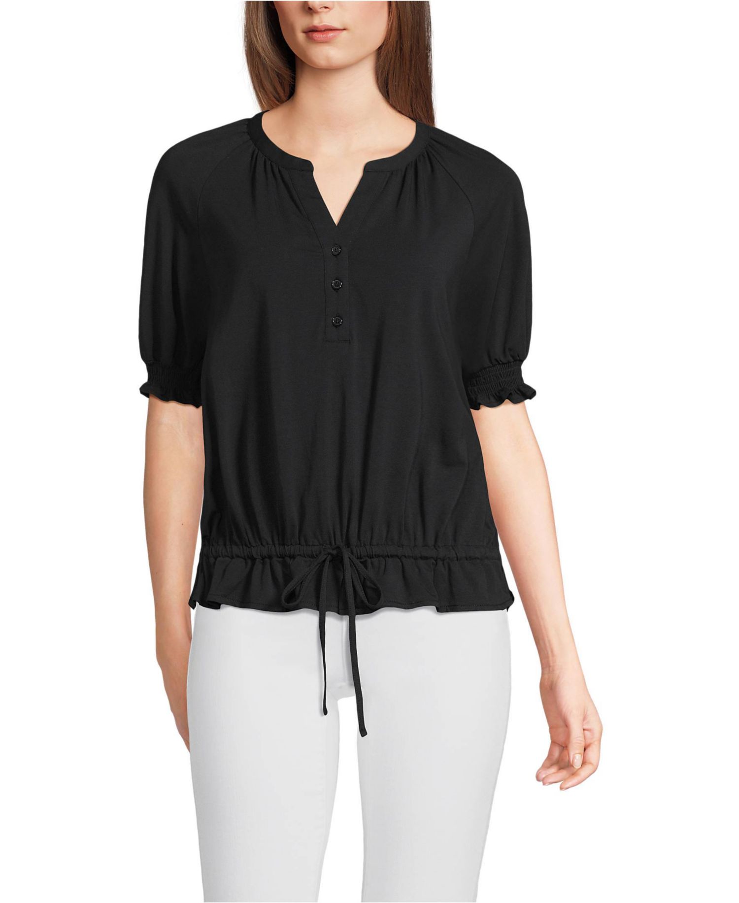 Women's Elbow Sleeve Lightweight Jersey Gathered Adjustable Hem Blouse