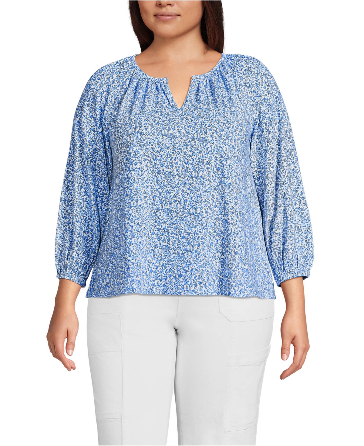 Lands' End Plus Lightweight Jersey 3/4 Sleeve Notch Neck Gather Blouse