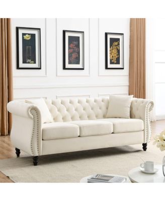 80" Velvet Sofa 3-Seater Tufted Chesterfield Couch Rolled Arm Nailhead