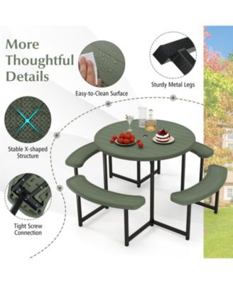 Round Picnic Table Bench Set with Four Benches and Umbrella Hole