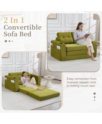Fold Out Convertible Sofa Bed, Comfortable Corduroy Loveseat Floor Sofa with Cup Holders and Pillows for Living Room and Small Spaces