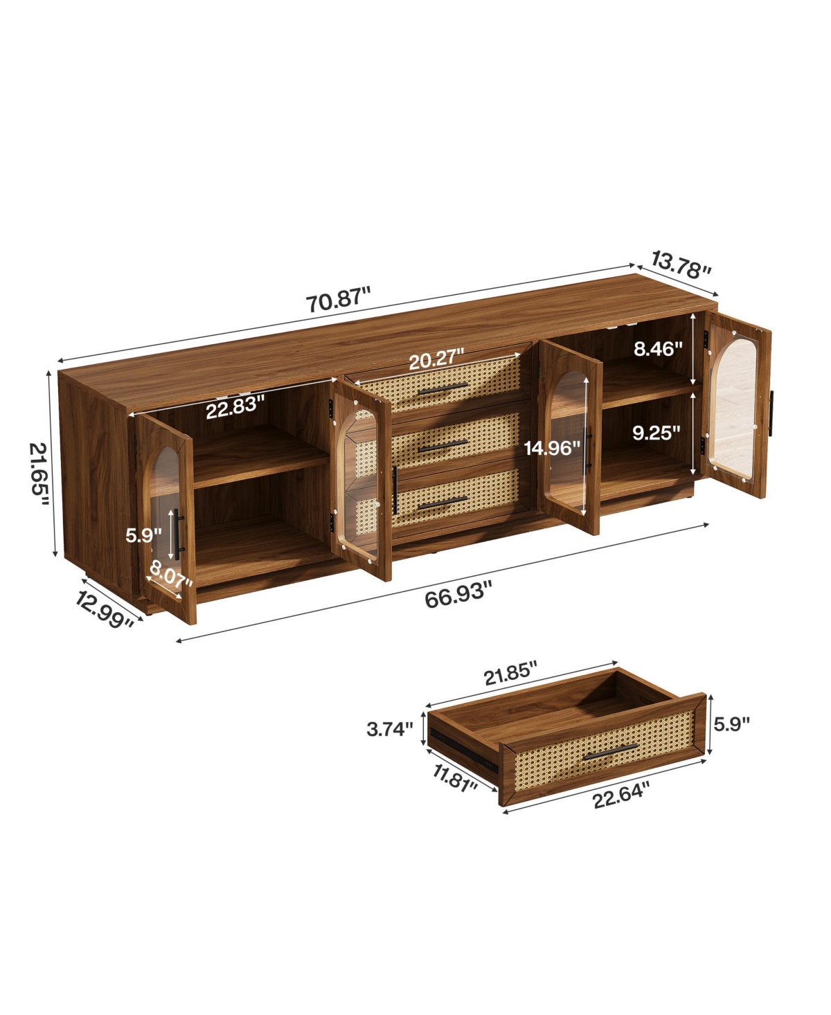 Tribesigns 71" Tv Stand for TVs up to 80", Media Console Table with 2 Storage Cabinets & 3 Rattan Drawers