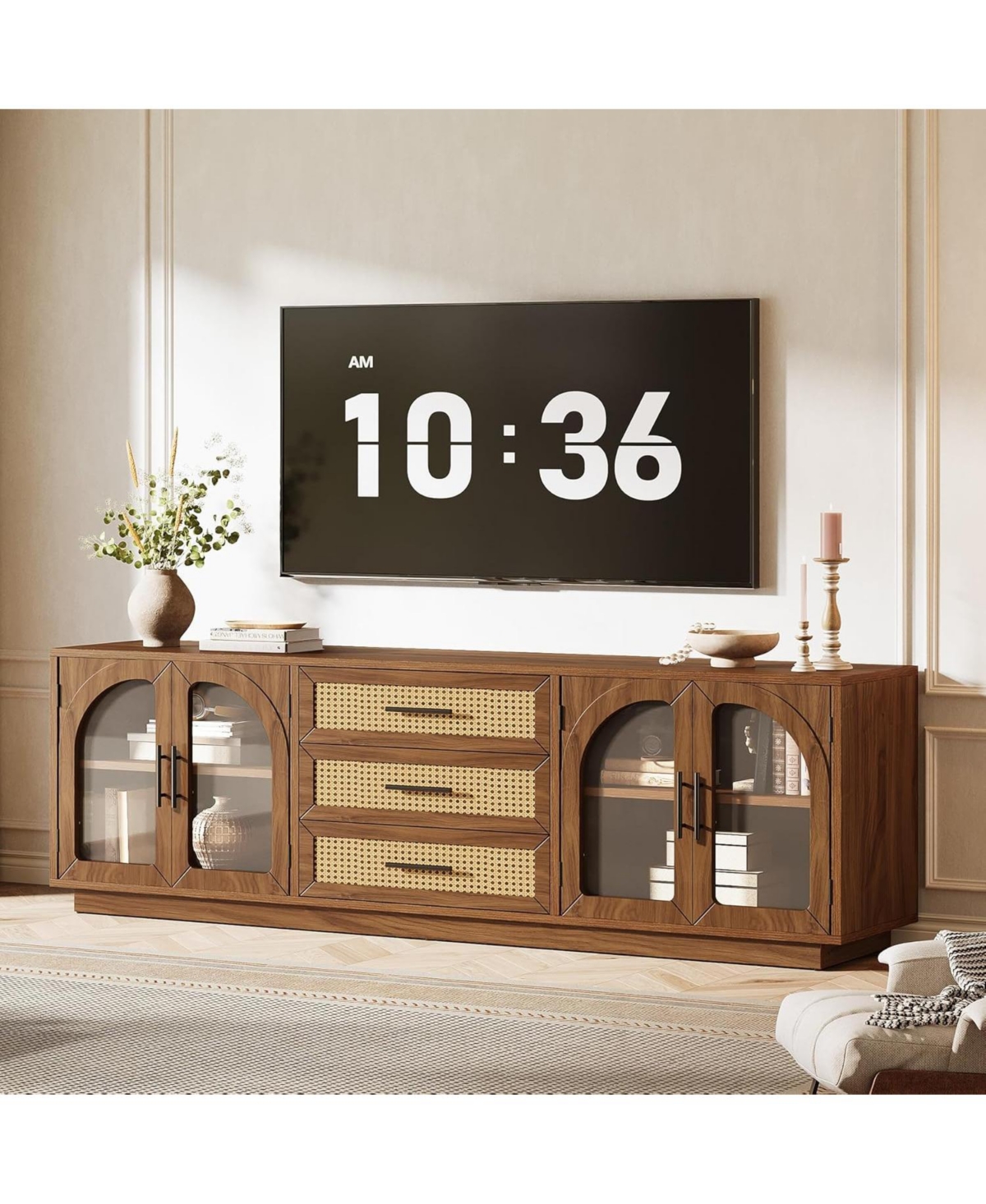 Tribesigns 71" Tv Stand for TVs up to 80", Media Console Table with 2 Storage Cabinets & 3 Rattan Drawers - Walnut brown