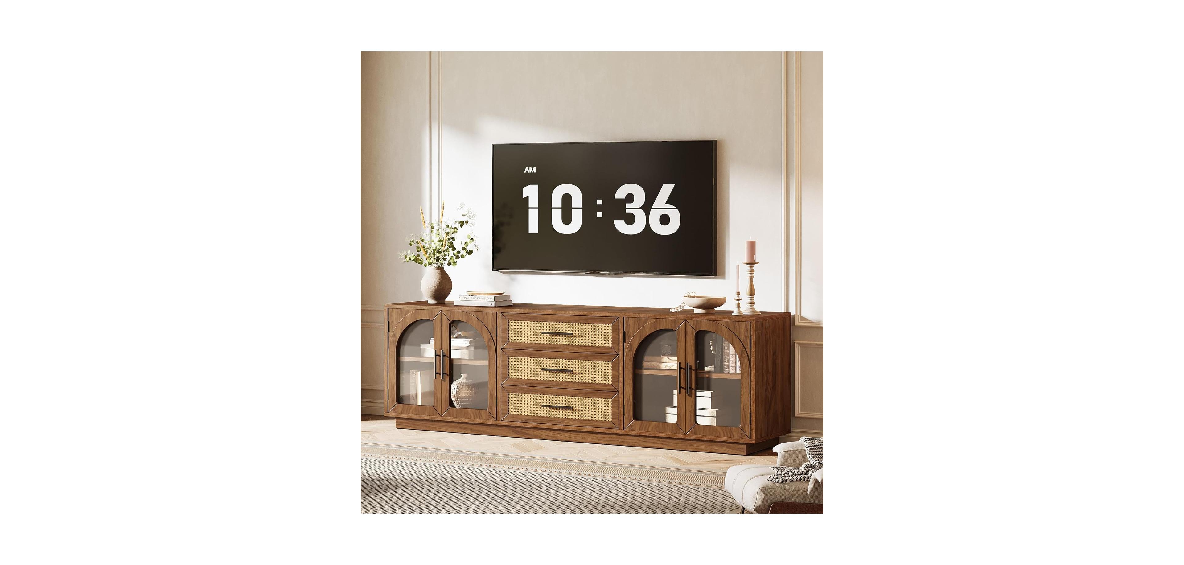 Tribesigns 71" Tv Stand for TVs up to 80", Media Console Table with 2 Storage Cabinets & 3 Rattan Drawers
