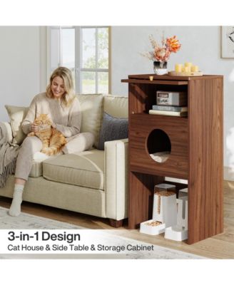 Hidden Cat Litter Box Enclosure with Storage, Frosted Door Cat House Furniture Cabinet