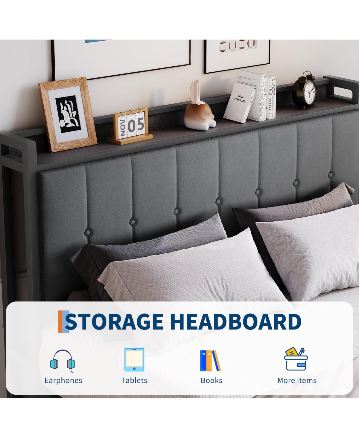 Homfan Lift Up Bed Frame, Upholstered Bed with Button Tufted Wingback Storage Headboard, Hydraulic Storage, No Box Spring Needed