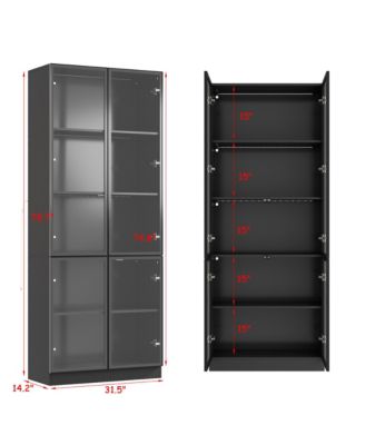 Display Cabinet with 4 Glass Doors and Lights, 5-Tier Storage Shelves,  Bookcases and Shelves