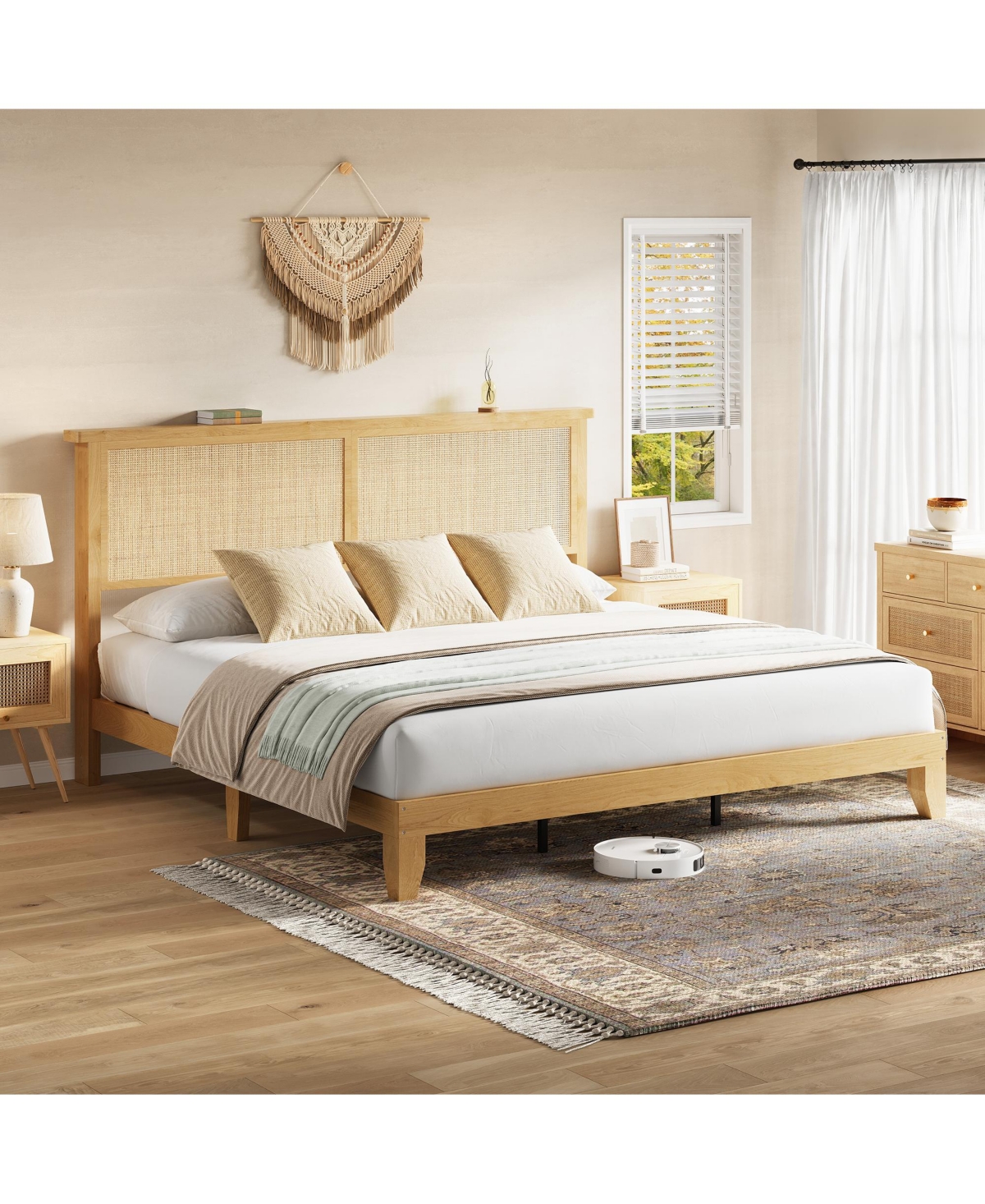 Homfan Bed Frame with Rattan Headboard, Platform Bed Frame with Led Lights