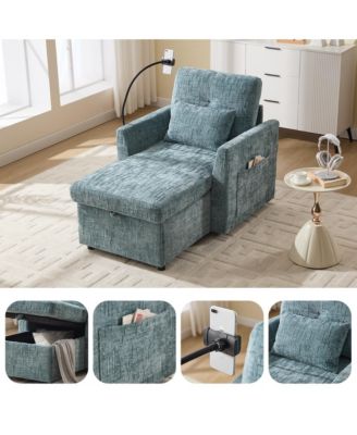 Chenille Lazy Lounge Recliner Chair with Storage, Phone Holder and Side Pockets, Modern Single Leisure Sofa for Living Room and Bedroom