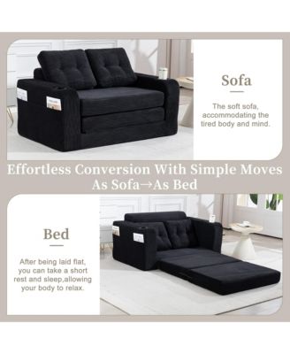 Convertible Sofa Bed, Foldable Loveseat Couch with Cup Holders and Pillows, Corduroy Fabric Futon for Living Room and Small Spaces