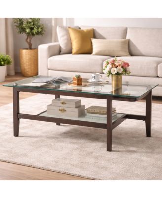 42 in Rectangular 2-Tier Tempered Glass Coffee Table with Rubber Wood Legs