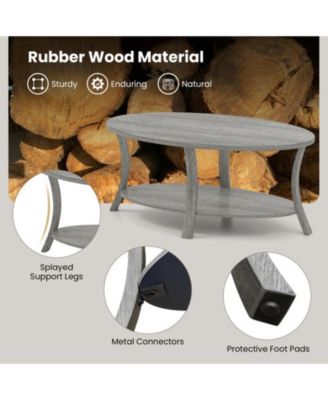 44 in Oval 2-Tier Rubber Wood Coffee Table with Open Storage Shelf