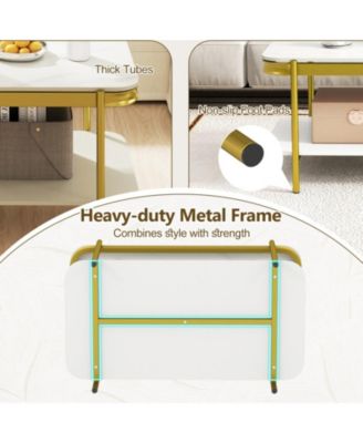 35.5 in Modern Sintered Stone 2-Tier Coffee Table with Gold Metal Frame