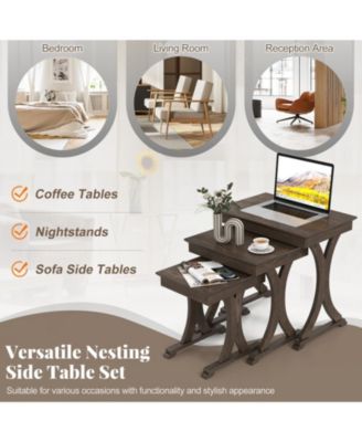 3-Piece Nesting Coffee and Side Table Set with Solid Rubber Wood Legs