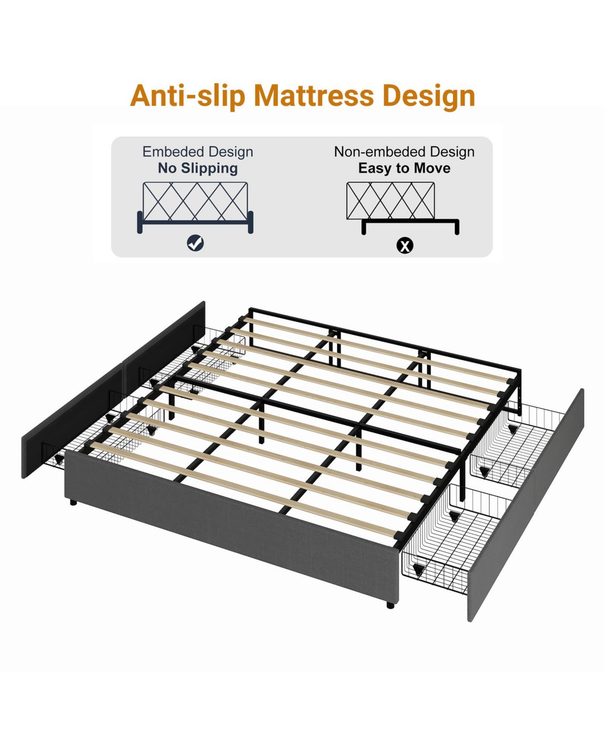 Homfan Space-Saving Platform Bed Frame with 4 Storage Drawers - Linen Upholstered