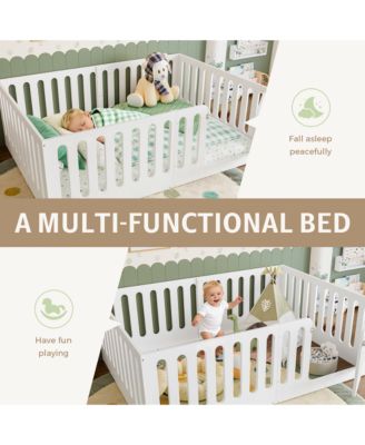 Low-Profile Full Size Floor Bed for Kids, Solid Wood Bed Frame with High Protective Fence and Door for Boys Girls, No Box Spring Required