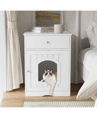 Wooden Indoor Pet House with Drawer, Multi-Function Cat and Small Animal Home, Enclosed Furniture Crate Nightstand for Bedroom