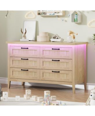 Farmhouse Drawer Dresser with Charging Station and LED Lights, Slim Wooden Bedroom Dresser