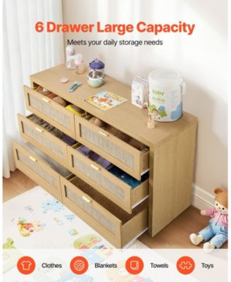 6 Drawer Rattan Dresser, Natural Rattan Chest with Metal Handle for Bedroom