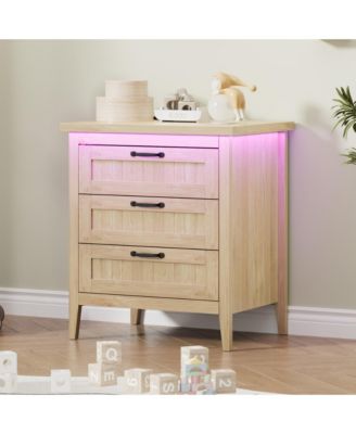 Farmhouse Drawer Dresser with Charging Station and LED Lights, Slim Wooden Bedroom Dresser