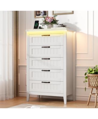 Farmhouse Drawer Dresser with Charging Station and LED Lights, Slim Wooden Bedroom Dresser