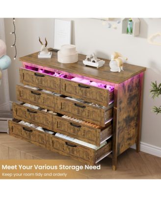 Farmhouse Drawer Dresser with Charging Station and LED Lights, Slim Wooden Bedroom Dresser