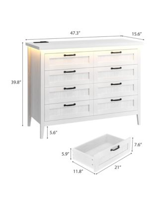 Farmhouse Drawer Dresser with Charging Station and LED Lights, Slim Wooden Bedroom Dresser
