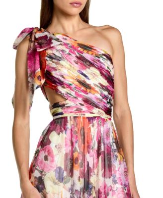 Women's Side Cut Out One-Shoulder Floral Chiffon Gown