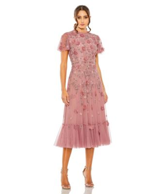 Petite Embellished High Neck A-Line Dress with Flutter Sleeves