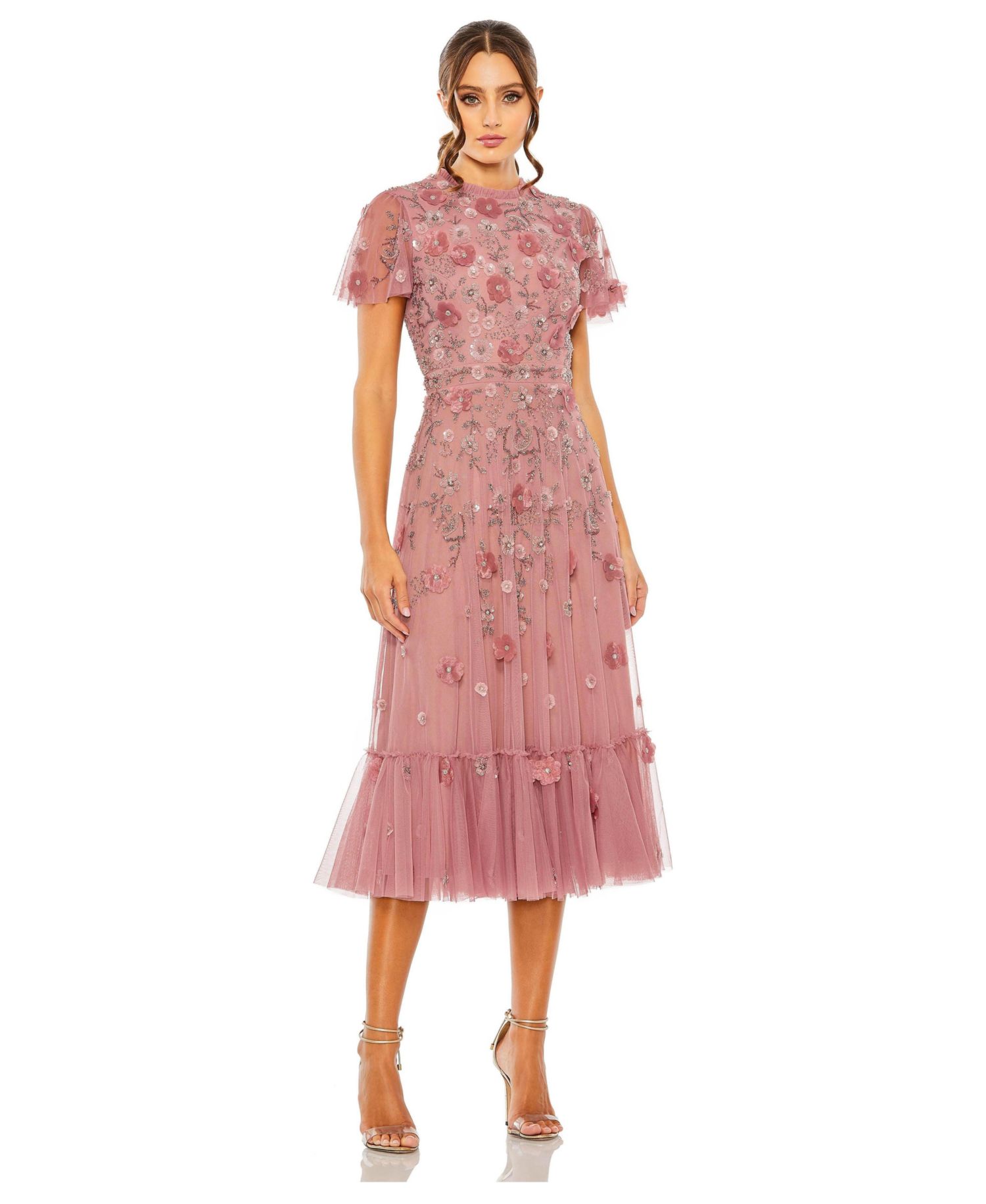 Petite Embellished High Neck A-Line Dress with Flutter Sleeves