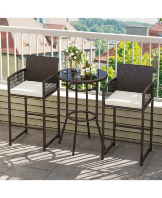 3-Piece Wicker Outdoor Bar Set with Round Tempered Glass Table and Armchairs