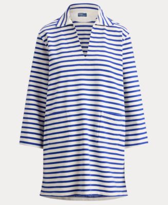 Women's Striped Cotton Jersey V-Notch Collar Dress