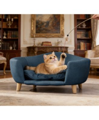 Zeus and Ruta Elevated Cat Bed Frame for Kittens/Cats with Corduroy Cat Couch, Rubber Wood Legs, Supportive Foam